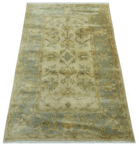 Traditional Oushak Design Blue And Beige Hand Knotted 3x5 Wool Area Rug