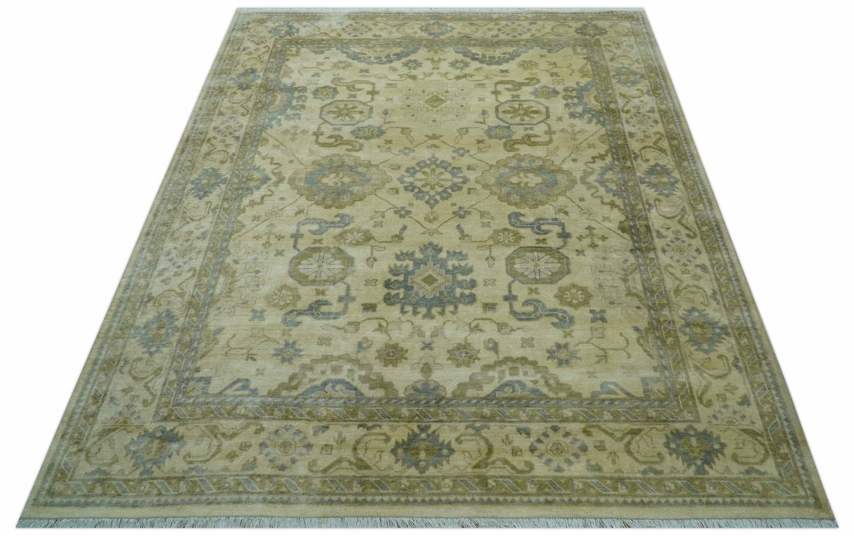 Traditional Oushak Design Blue And Beige Hand Knotted 9x12 Wool Area Rug