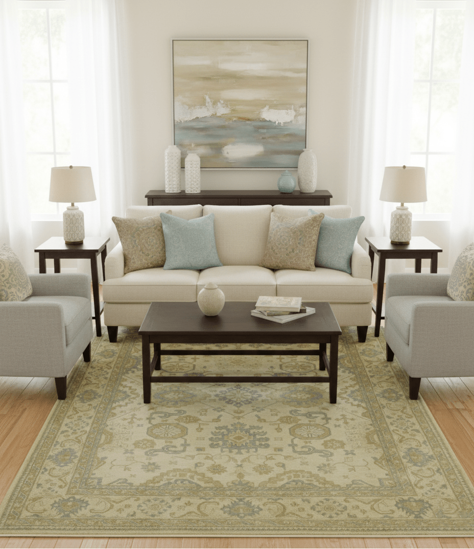 Traditional Oushak Design Blue And Beige Hand Knotted 9x12 Wool Area Rug