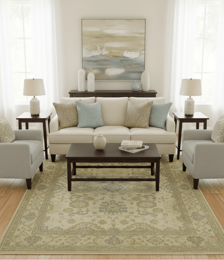 Traditional Oushak Design Blue And Beige Hand Knotted 9x12 Wool Area Rug