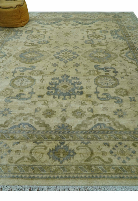 Traditional Oushak Design Blue And Beige Hand Knotted 9x12 Wool Area Rug