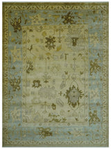 Traditional Oushak Design Blue And Beige Hand Knotted 9x13 Wool Area Rug