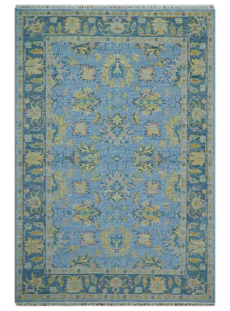 Traditional Oushak Design Blue Hand knotted 6x9 Wool Area Rug