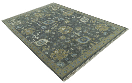 Traditional Oushak Design Charcoal And Camel Hand Knotted Custom Made Wool rug
