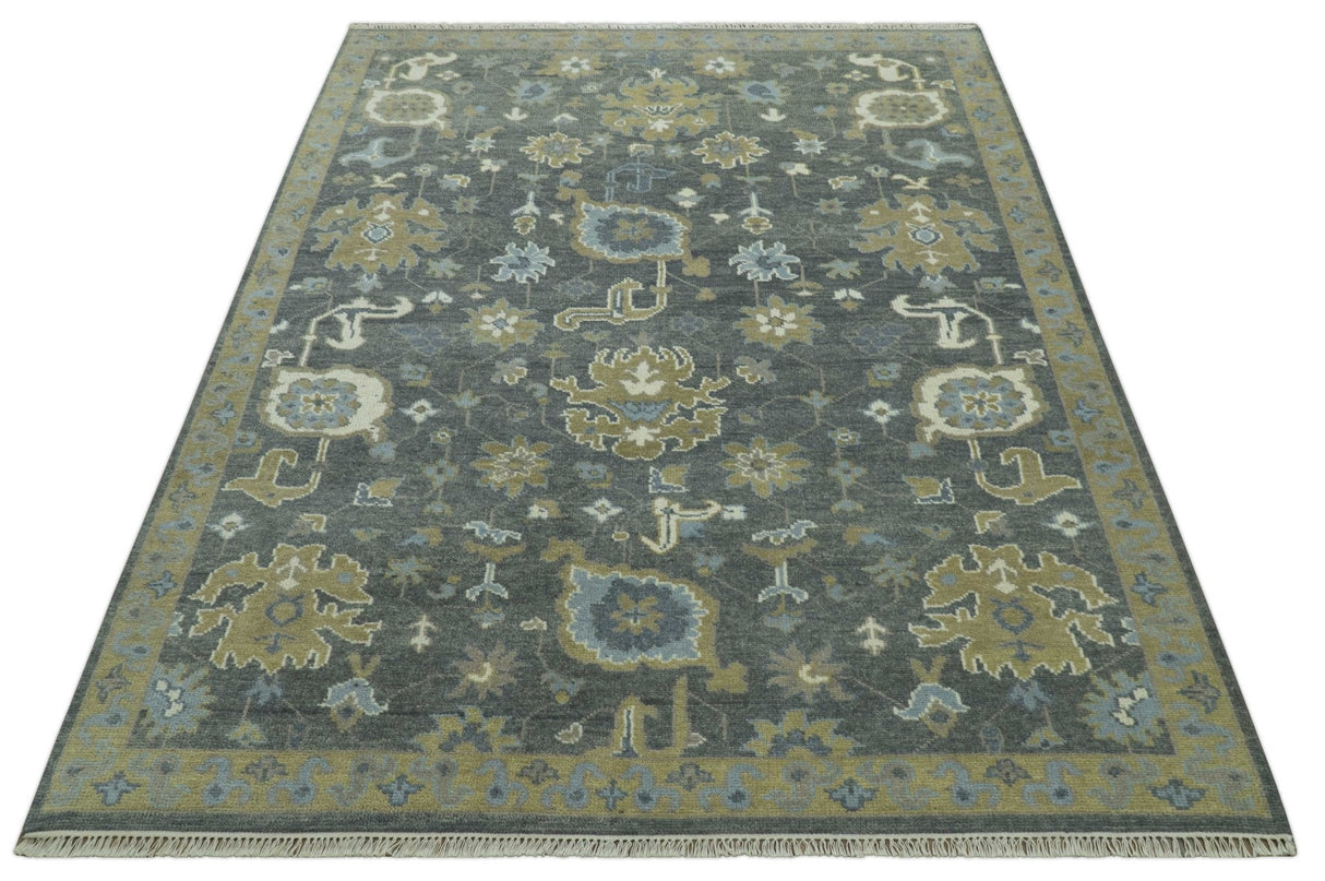 Traditional Oushak Design Charcoal And Camel Hand Knotted Custom Made Wool rug