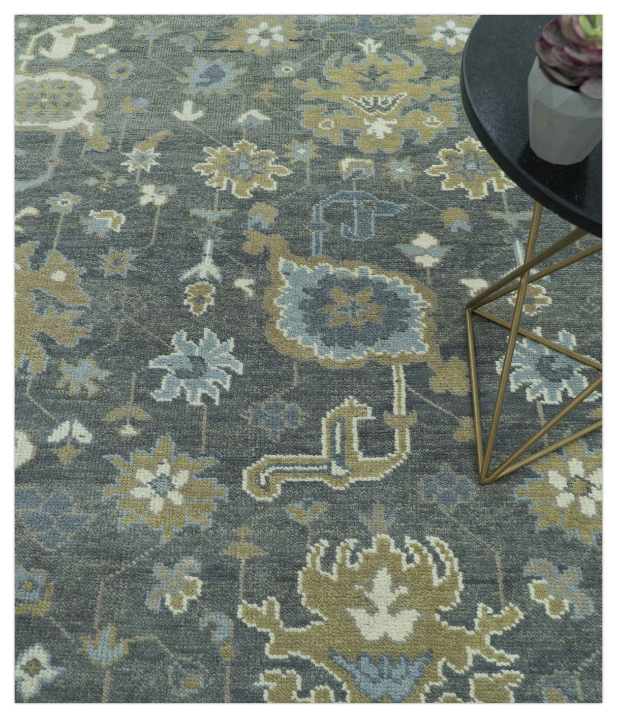 Traditional Oushak Design Charcoal And Camel Hand Knotted Custom Made Wool rug
