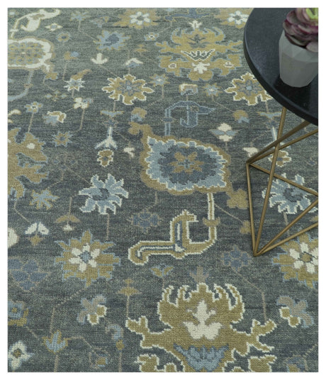Traditional Oushak Design Charcoal And Camel Hand Knotted Custom Made Wool rug