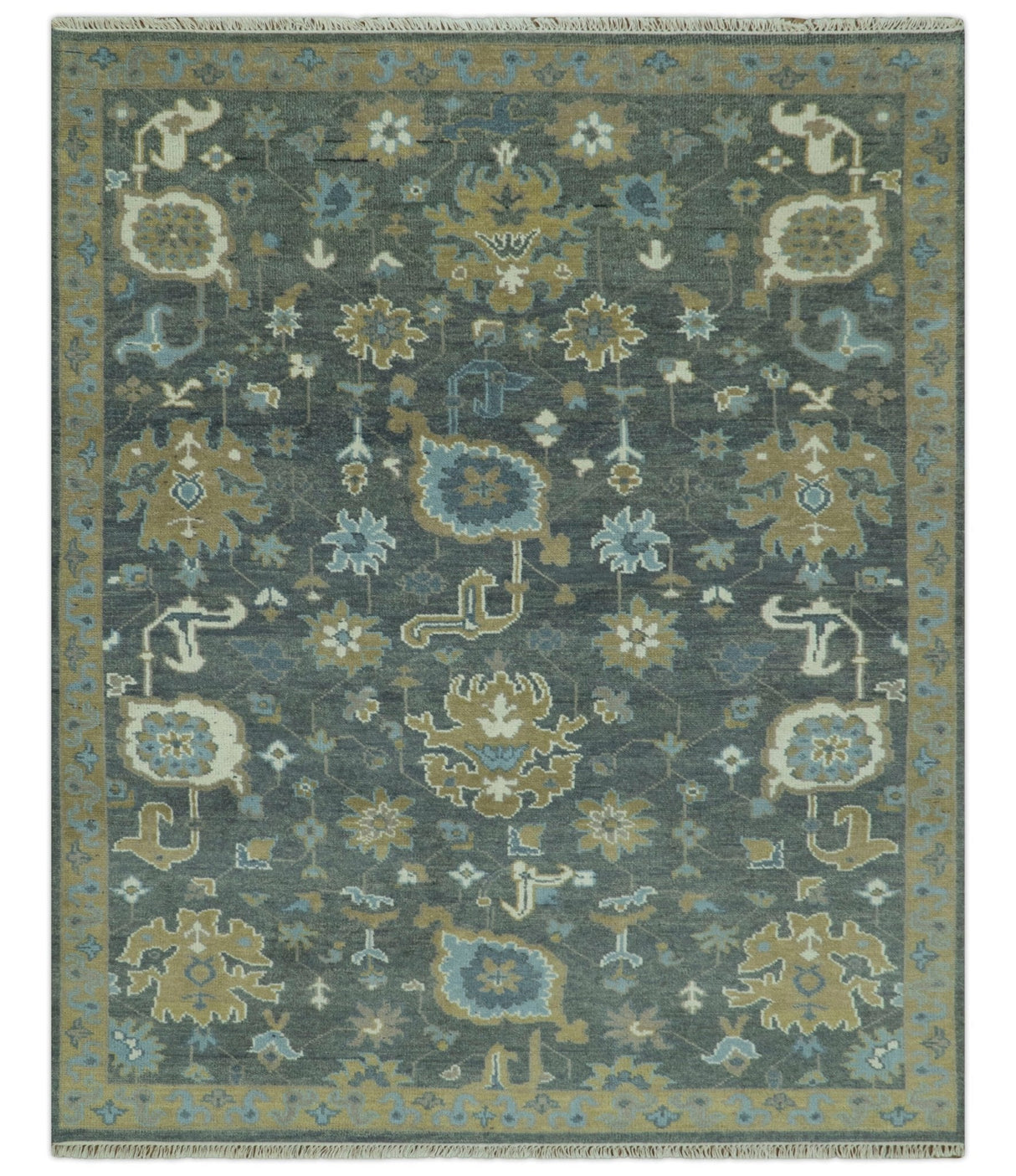 Traditional Oushak Design Charcoal And Camel Hand Knotted Custom Made Wool rug