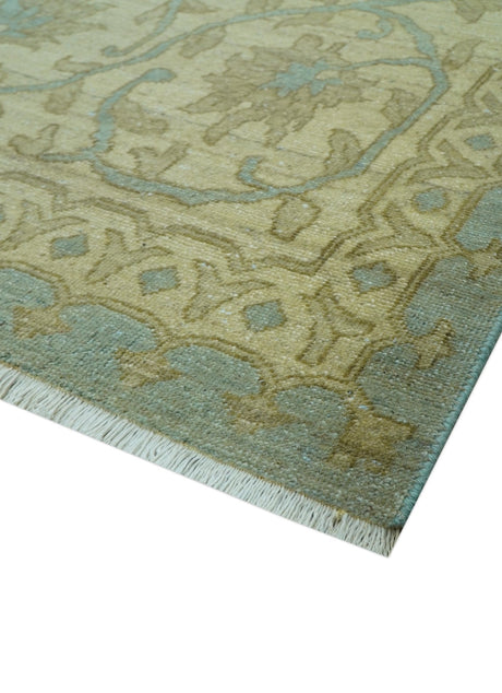 Traditional Oushak Design Green And Blue 11.5x14.6 Hand Knotted Wool Area Rug