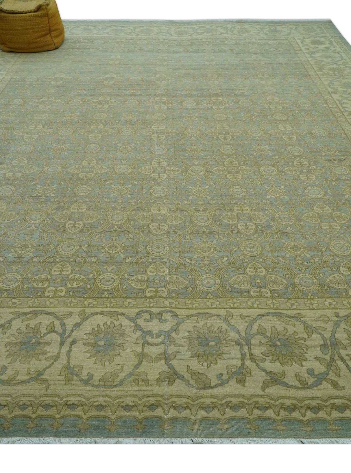 Traditional Oushak Design Green And Blue 11.5x14.6 Hand Knotted Wool Area Rug