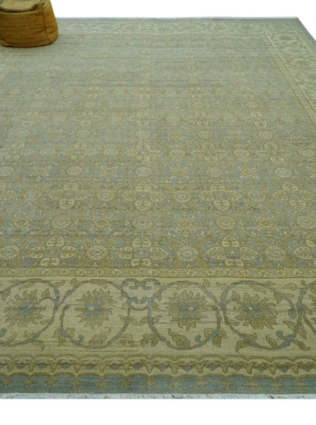 Traditional Oushak Design Green And Blue 11.5x14.6 Hand Knotted Wool Area Rug