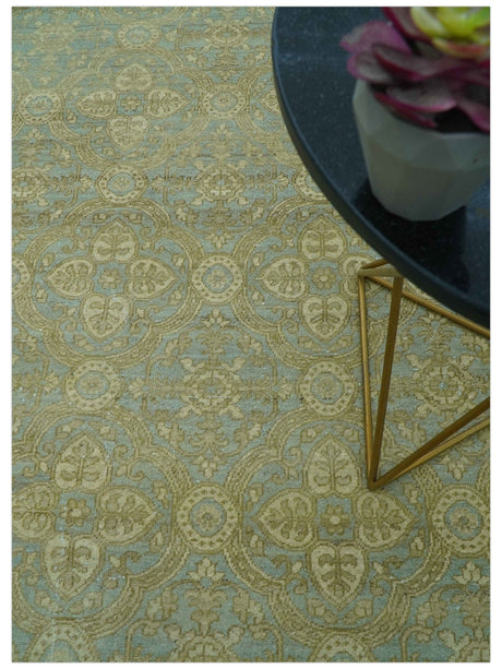 Traditional Oushak Design Green And Blue 11.5x14.6 Hand Knotted Wool Area Rug