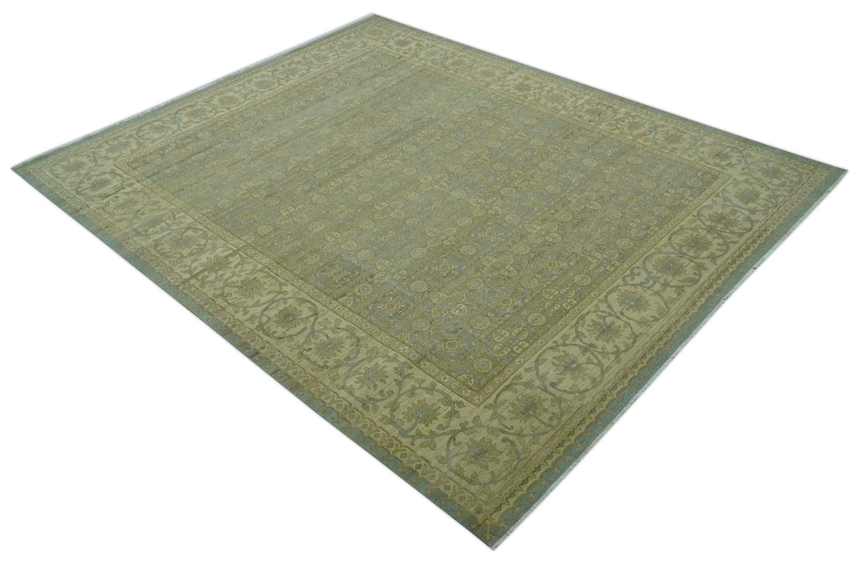 Traditional Oushak Design Green And Blue 11.5x14.6 Hand Knotted Wool Area Rug