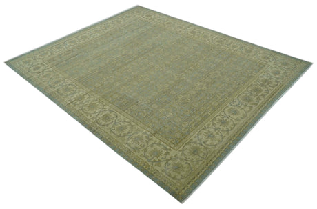 Traditional Oushak Design Green And Blue 11.5x14.6 Hand Knotted Wool Area Rug