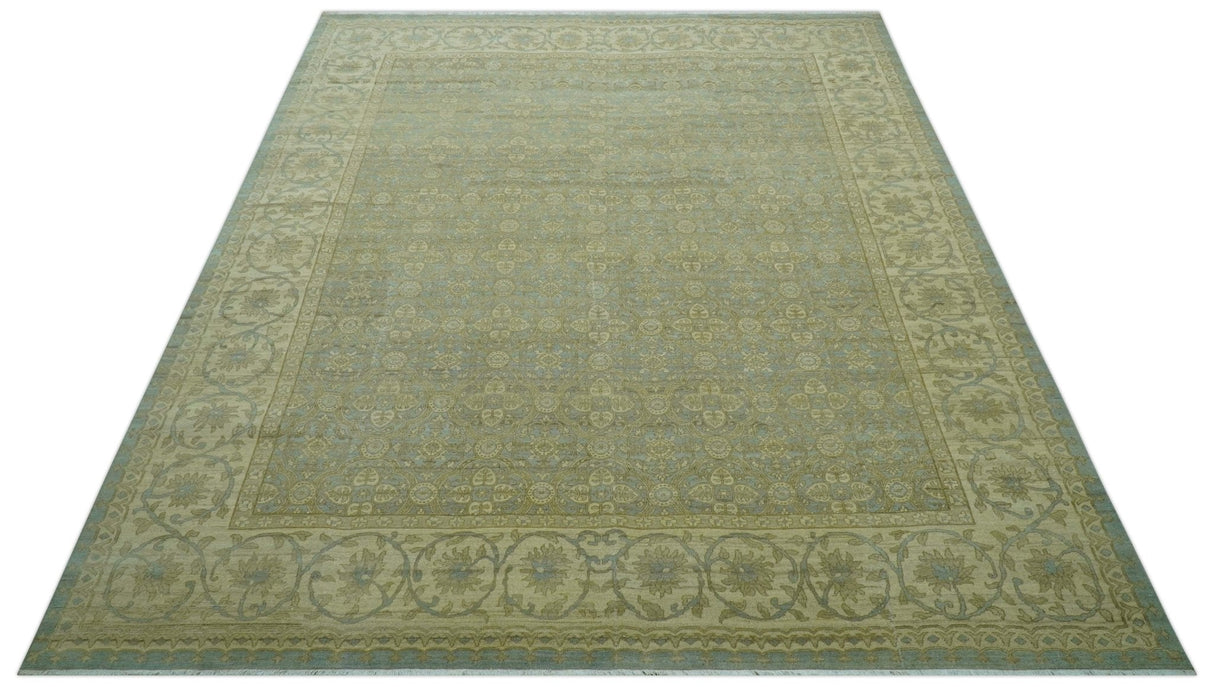 Traditional Oushak Design Green And Blue 11.5x14.6 Hand Knotted Wool Area Rug