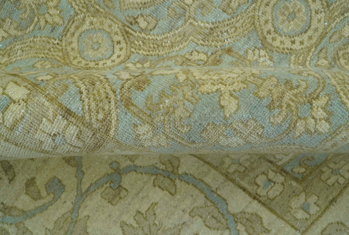 Traditional Oushak Design Green And Blue 11.5x14.6 Hand Knotted Wool Area Rug