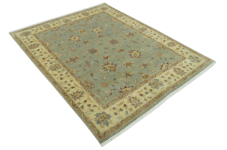 Traditional Oushak Design Green, Blue And Rust 6.5x8 Hand Knotted wool rug