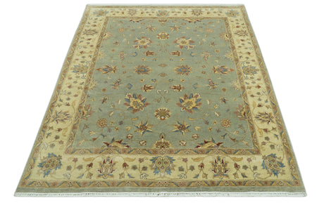 Traditional Oushak Design Green, Blue And Rust 6.5x8 Hand Knotted wool rug