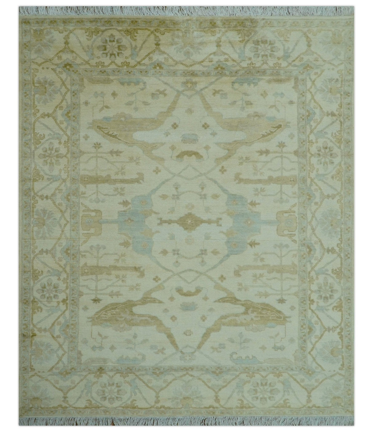 Traditional Oushak Design Ivory And Brown Hand Knotted 8x10 Wool Area Rug