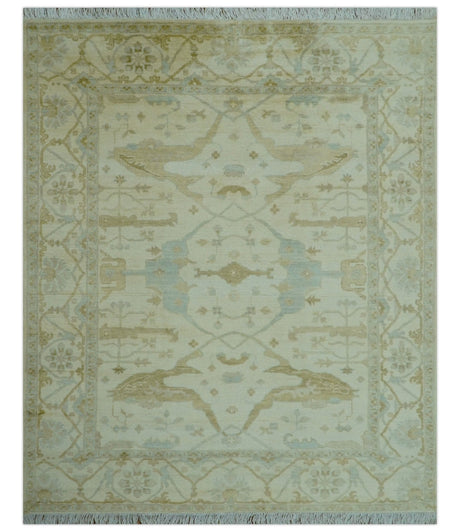 Traditional Oushak Design Ivory And Brown Hand Knotted 8x10 Wool Area Rug