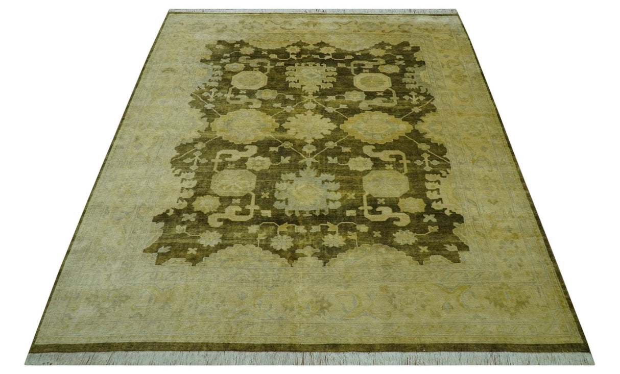 Traditional Oushak Design Olive And Beige Hand Knotted 8x10 Wool Area Rug
