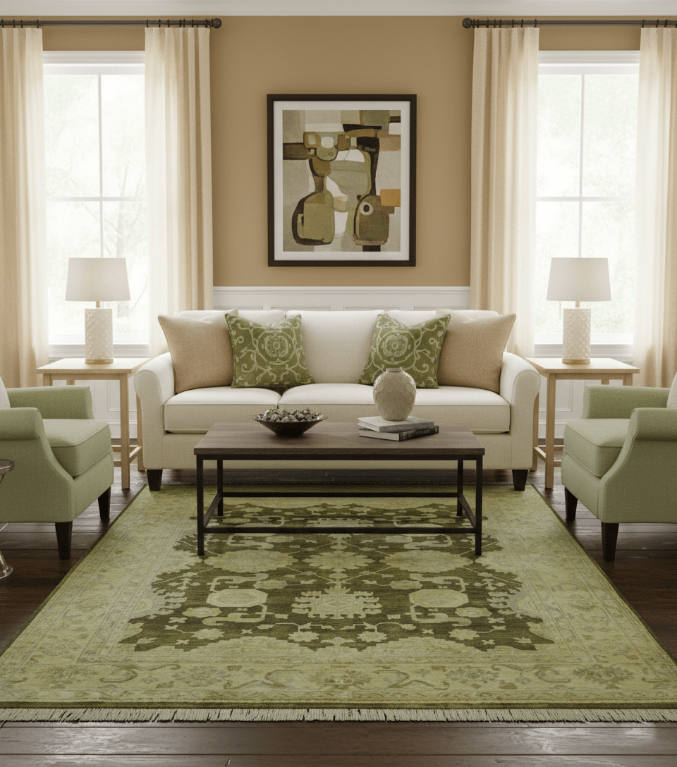Traditional Oushak Design Olive And Beige Hand Knotted 8x10 Wool Area Rug