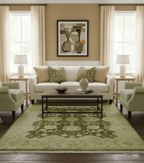 Traditional Oushak Design Olive And Beige Hand Knotted 8x10 Wool Area Rug