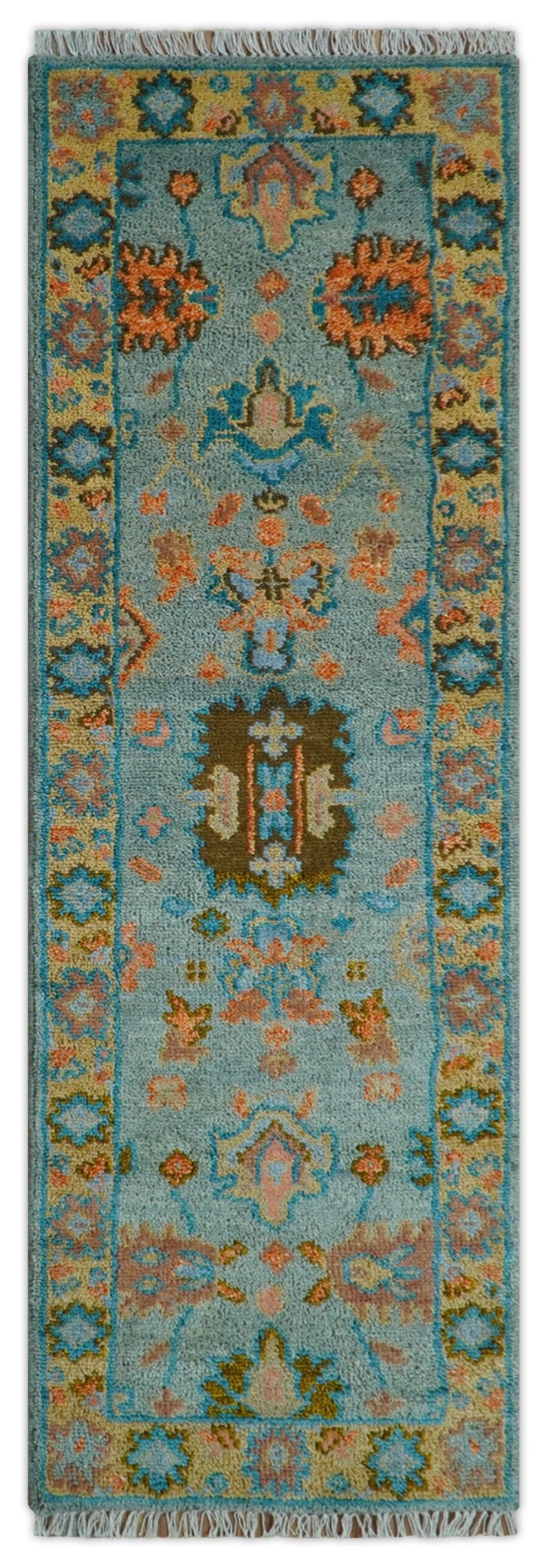 Traditional Oushak Teal And Rust Hand Knotted 2.6x8 Wool Area Rug