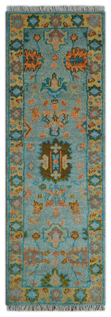 Traditional Oushak Teal And Rust Hand Knotted 2.6x8 Wool Area Rug