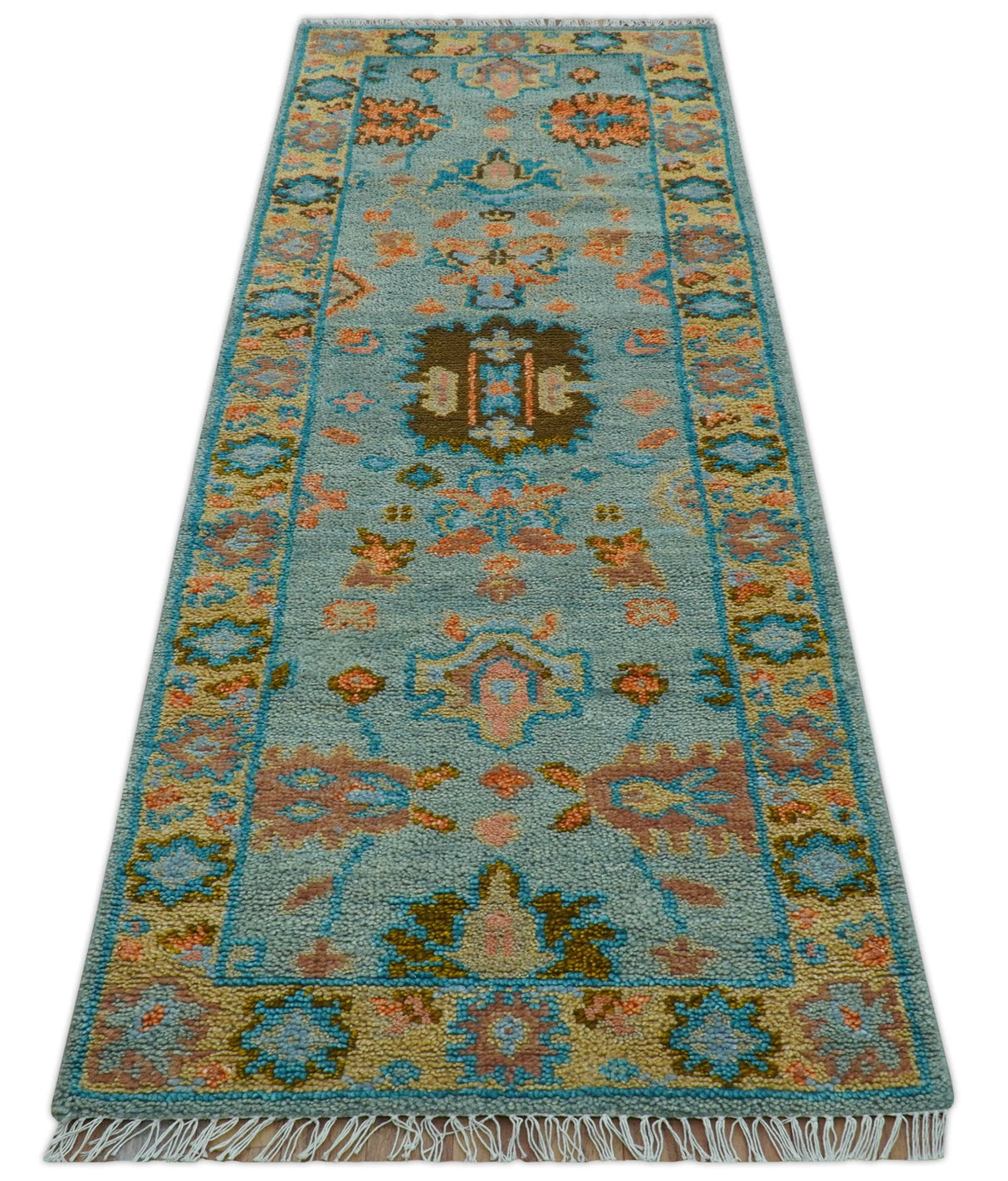 Traditional Oushak Teal And Rust Hand Knotted 2.6x8 Wool Area Rug