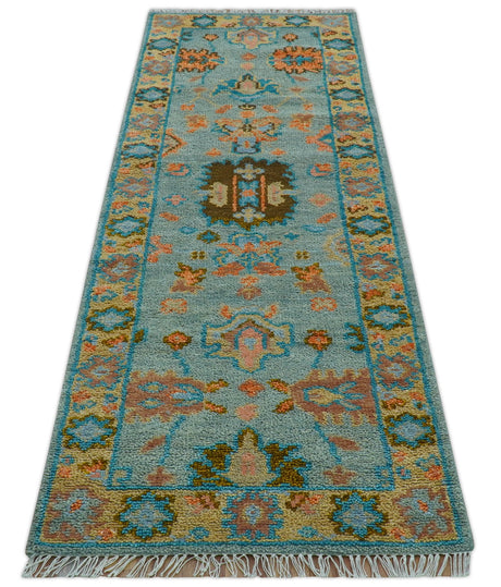 Traditional Oushak Teal And Rust Hand Knotted 2.6x8 Wool Area Rug
