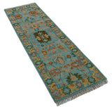 Traditional Oushak Teal And Rust Hand Knotted 2.6x8 Wool Area Rug