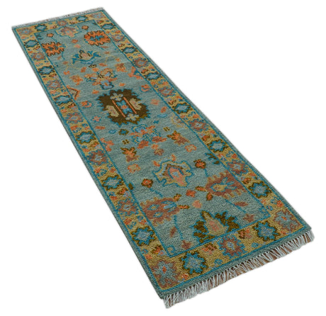Traditional Oushak Teal And Rust Hand Knotted 2.6x8 Wool Area Rug