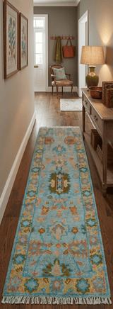 Traditional Oushak Teal And Rust Hand Knotted 2.6x8 Wool Area Rug
