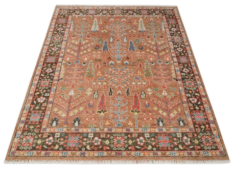 Traditional Oushak Tree of Life Rust and Brown Hand Knotted Wool Rug