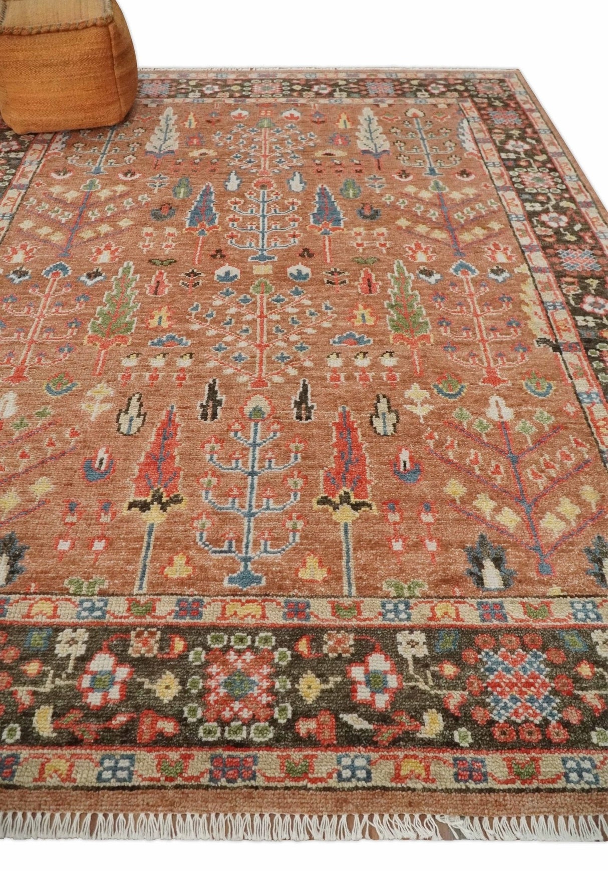 Traditional Oushak Tree of Life Rust and Brown Hand Knotted Wool Rug