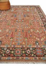 Traditional Oushak Tree of Life Rust and Brown Hand Knotted Wool Rug