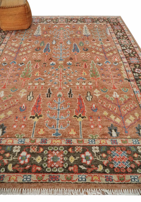 Traditional Oushak Tree of Life Rust and Brown Hand Knotted Wool Rug