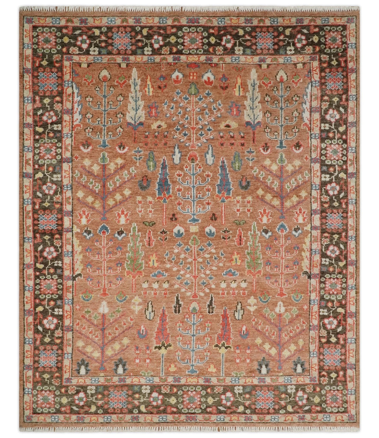 Traditional Oushak Tree of Life Rust and Brown Hand Knotted Wool Rug
