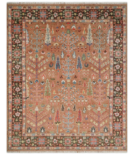 Traditional Oushak Tree of Life Rust and Brown Hand Knotted Wool Rug