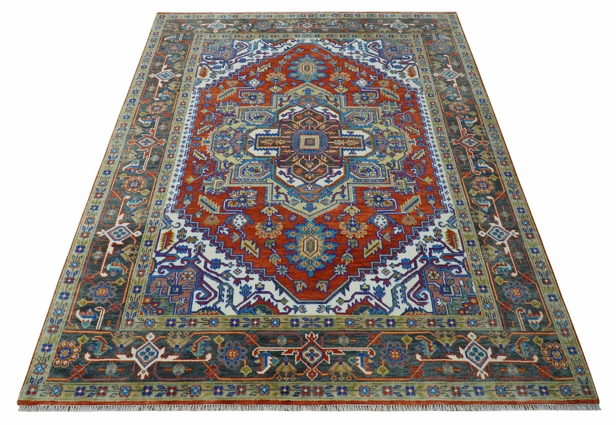 Traditional Rust, Ivory, Beige and Charcoal Multi size Hand knotted Wool Area Rug