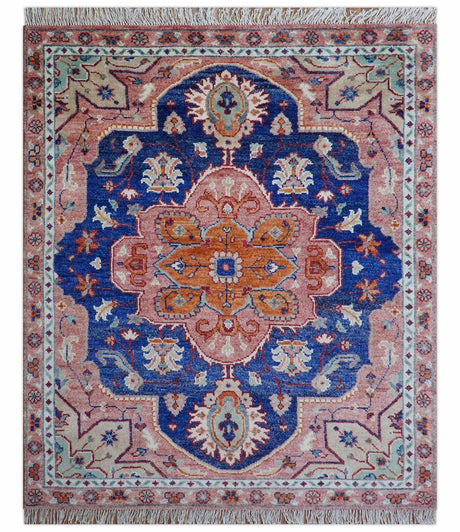 Traditional Serapi Design Blue And Pink Hand Knotted Wool Area Rug