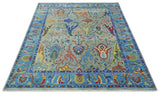 Traditional Silver and Blue Antique Style Colorful Hand knotted wool Area Rug