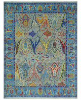 Traditional Silver and Blue Antique Style Colorful Hand knotted wool Area Rug