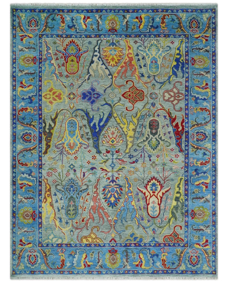 Traditional Silver and Blue Antique Style Colorful Hand knotted wool Area Rug
