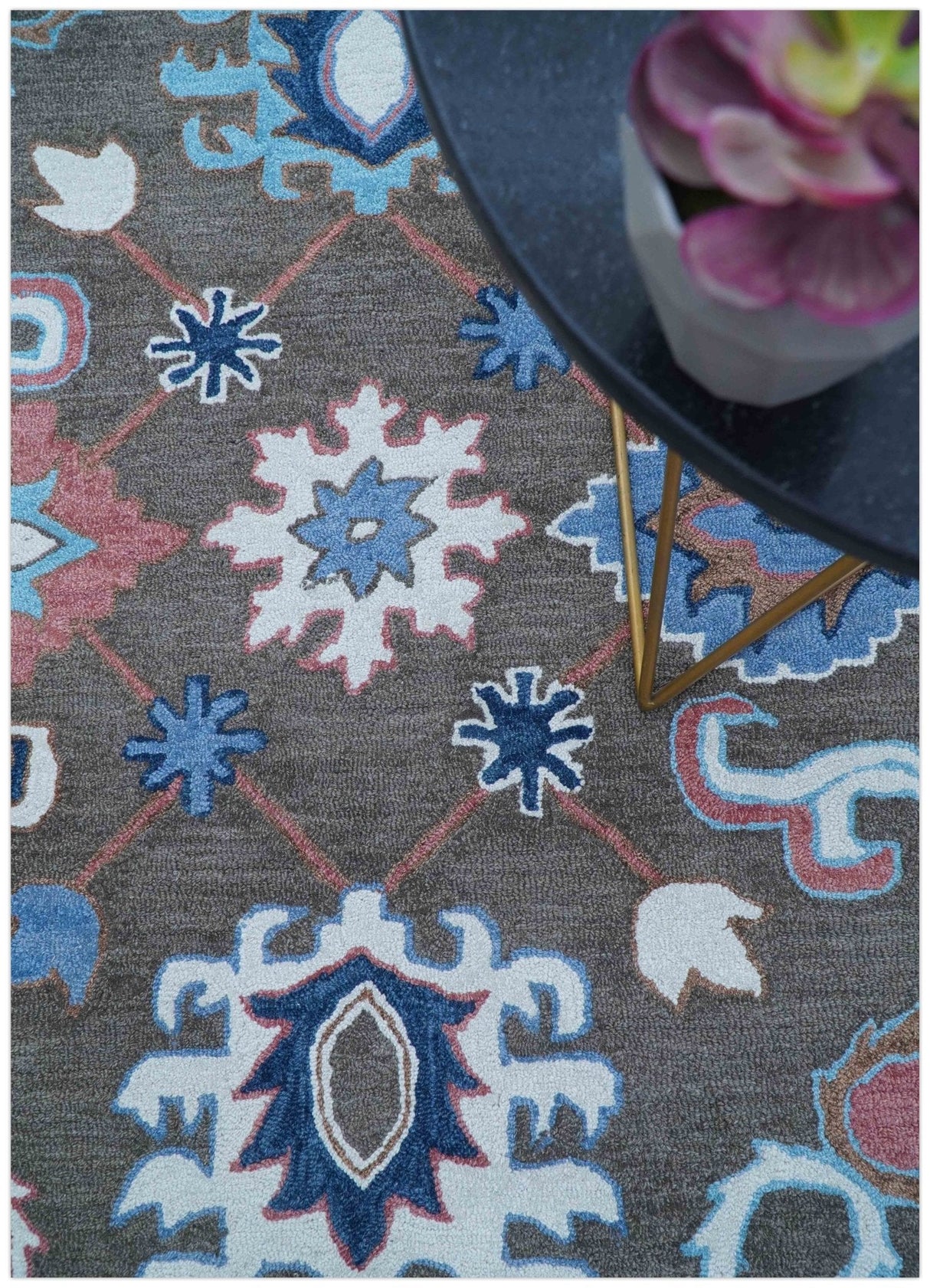 Traditional Style Gray And Blue Hand Tufted Wool Rug