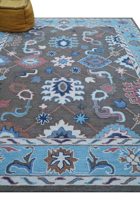 Traditional Style Gray And Blue Hand Tufted Wool Rug