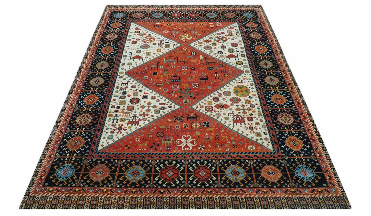 Traditional Tribal Rust And Ivory 8x11 Hand Knotted wool Area Rug