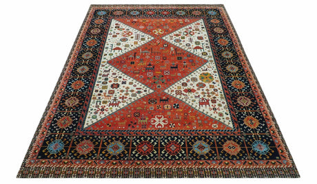 Traditional Tribal Rust And Ivory 8x11 Hand Knotted wool Area Rug