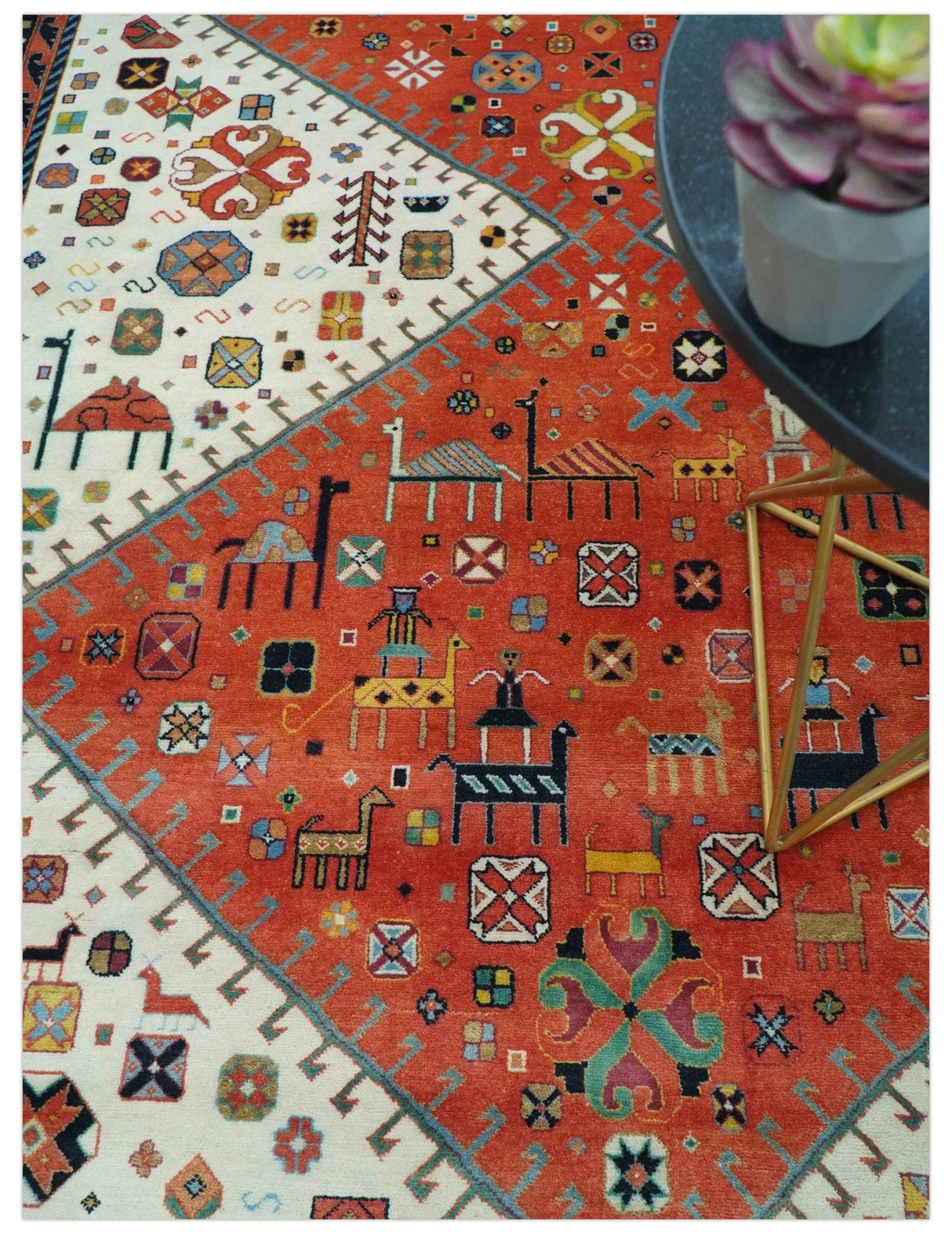 Traditional Tribal Rust And Ivory 8x11 Hand Knotted wool Area Rug